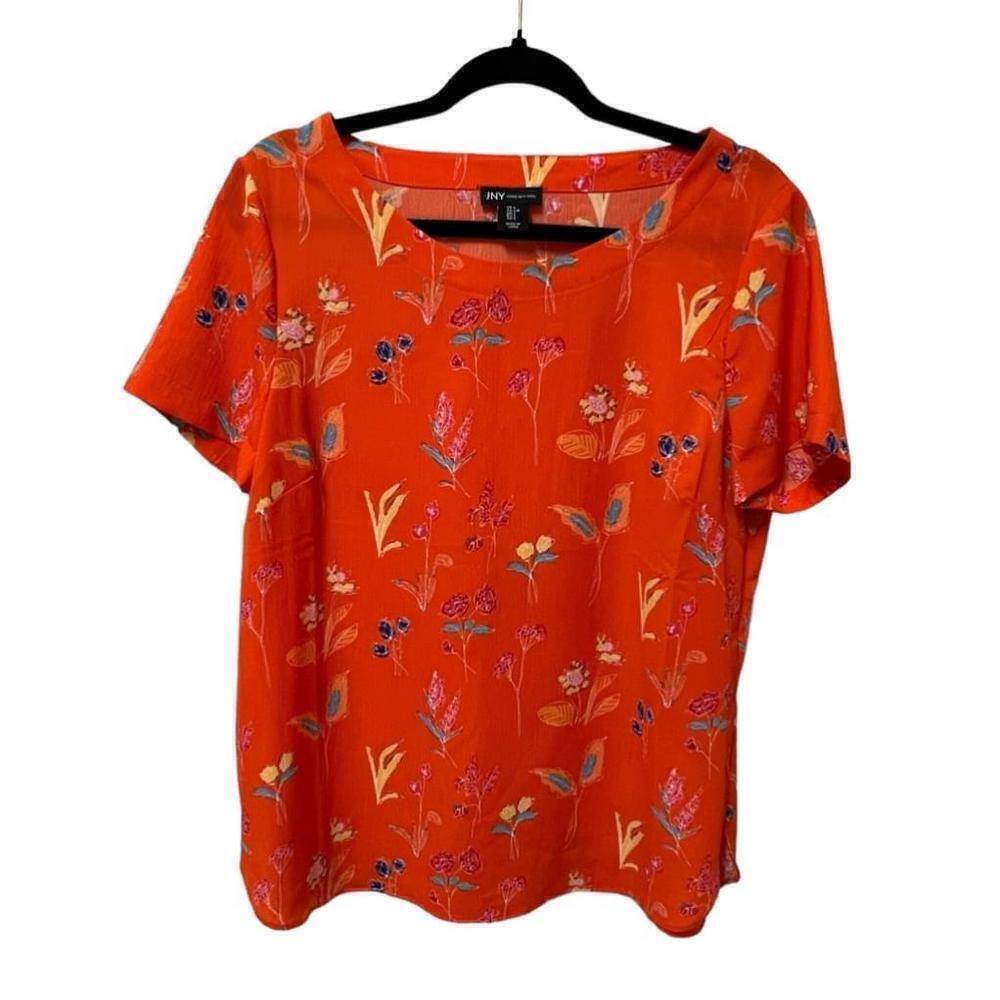 JNY Women’s Vibrant Orange Floral Scoop Neck Split Hem Blouse, Size Large - Picture 12 of 13